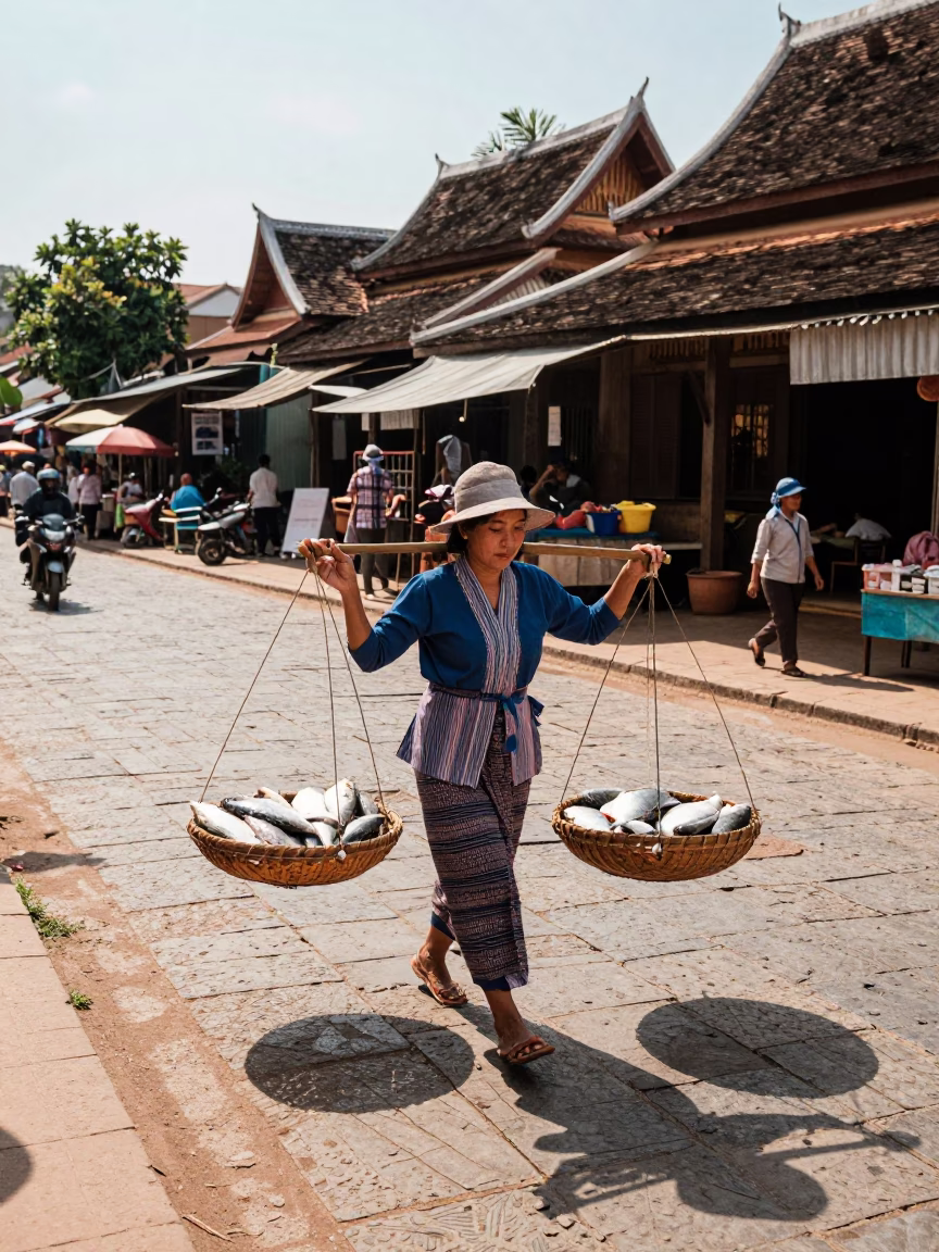 Candid street scene in Luang Prabang Laos afternoon light in in Luang Prabang, Laos