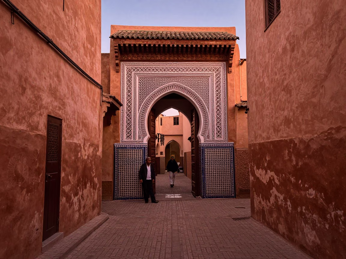 Candid Street Scene in Marrakech Morocco Before Dusk with Copper Light and Traditional Architecture in in Marrakech, Morocco
