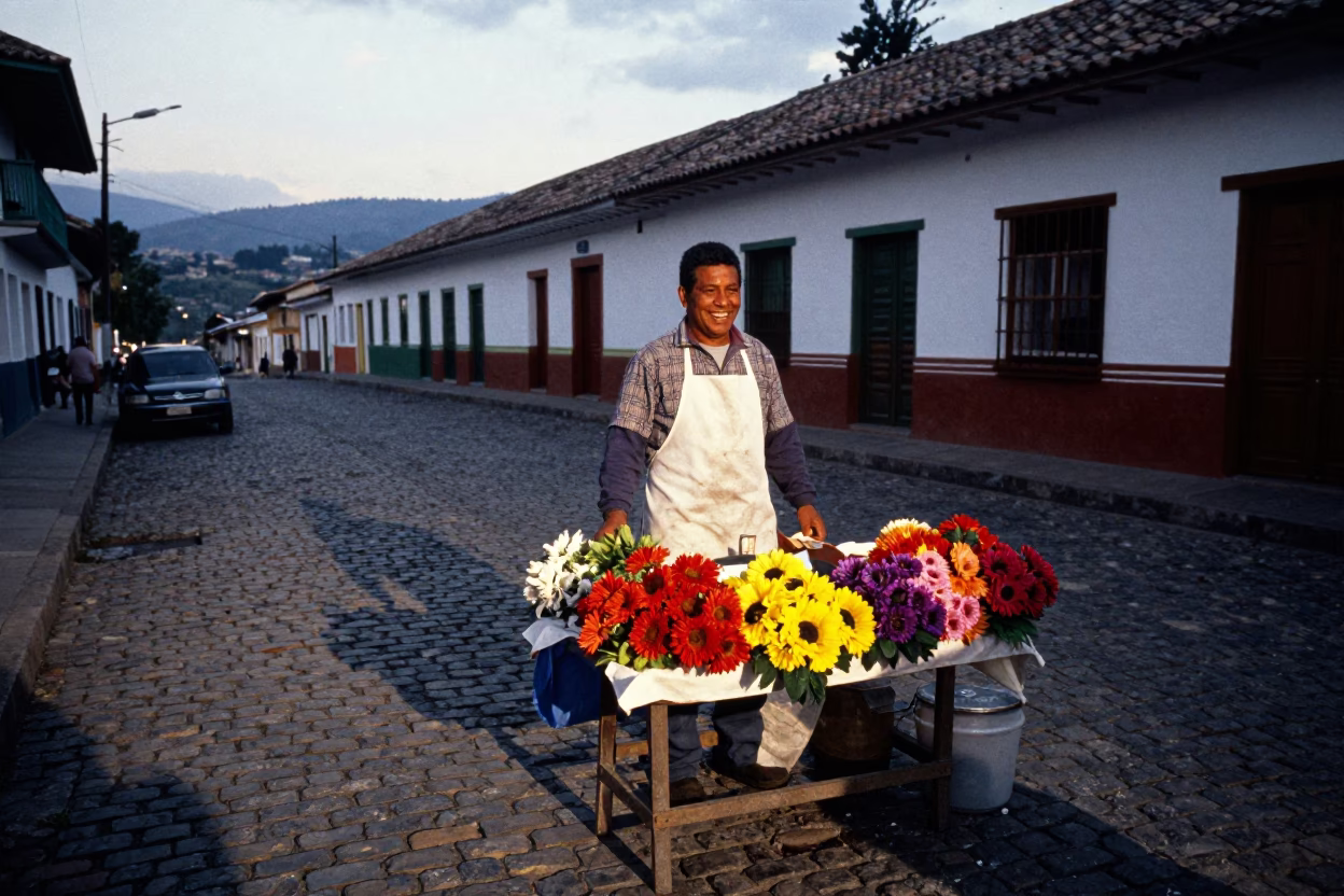 Candid Street Scene in Medellin Colombia Early Evening with Local Vendor and Amaryllis Flowers in in Medellin, Colombia