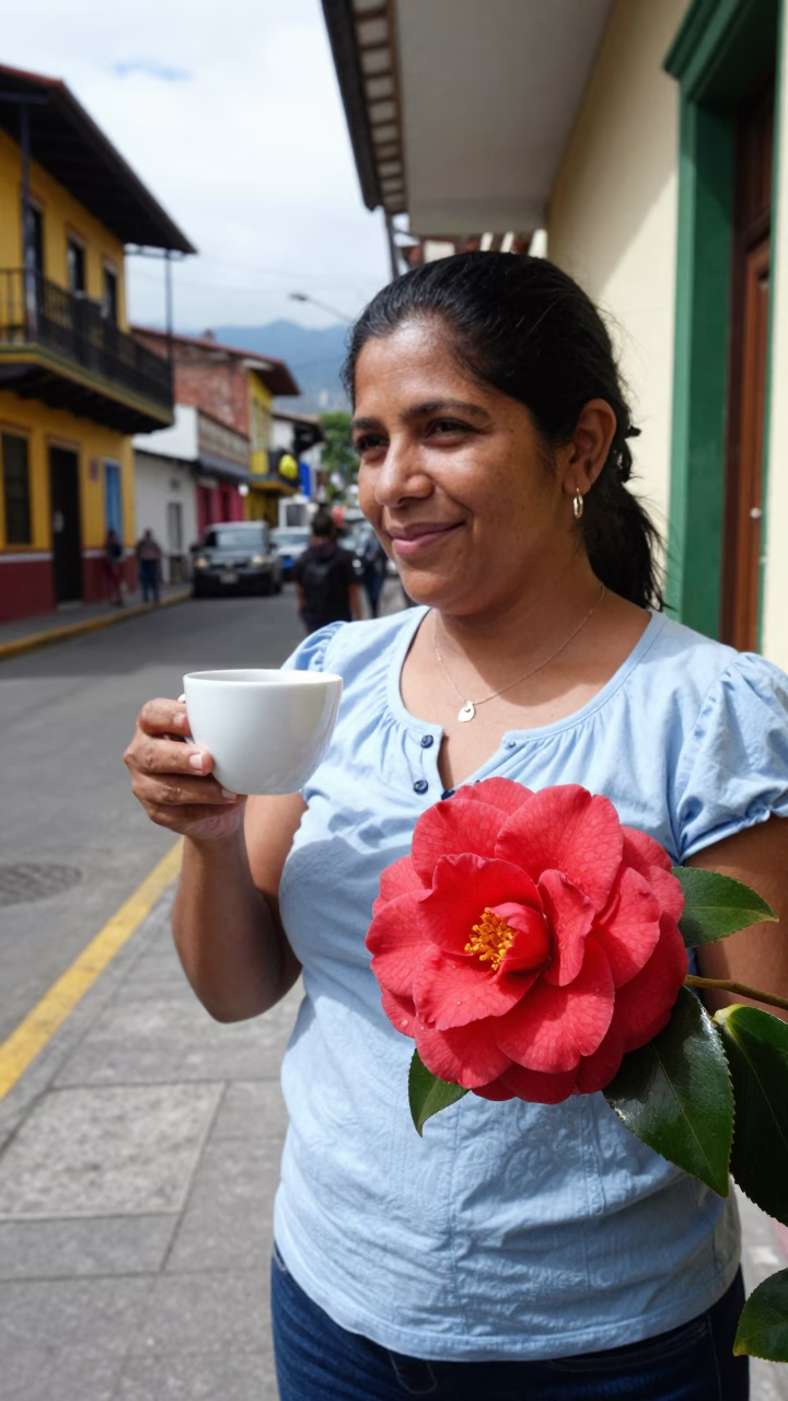 Candid Street Scene in Medellin Colombia with Camellia Flower and Ceramic Cup in in Medellin, Colombia