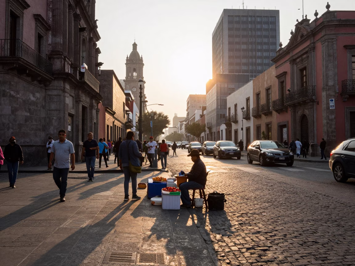 Candid Street Scene in Mexico City After Sunrise with Local Vendors and Morning Light in in Mexico City, Mexico