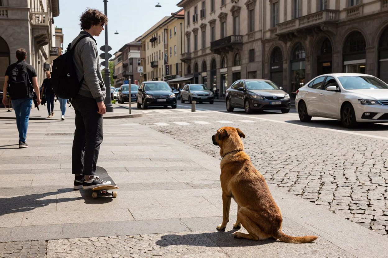 Candid Street Scene in Milan with Skateboard and Brown Dog in in Milan, Italy