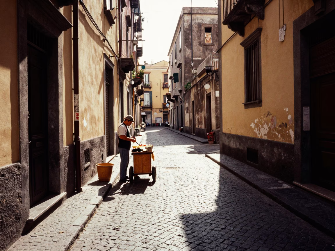 Candid Street Scene in Naples Italy Early Afternoon with Local Street Vendor in in Naples, Italy