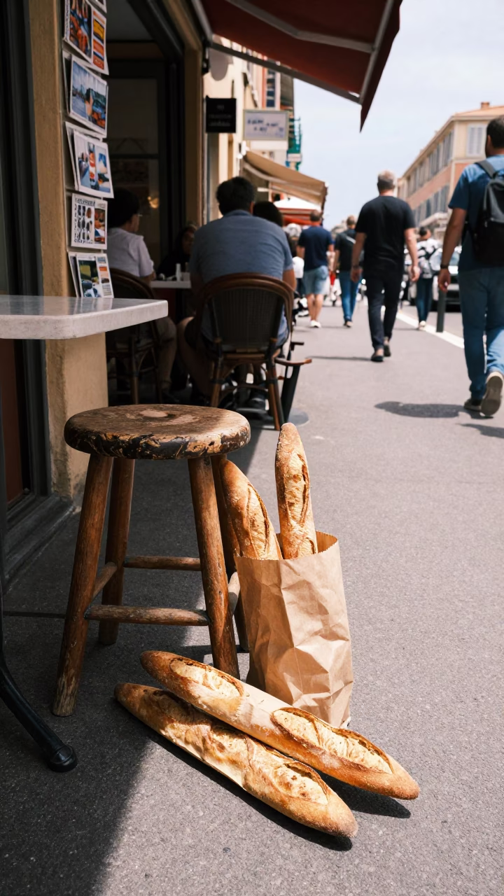 Candid street scene in Nice France with baguettes and postcards at noon in in Nice, France