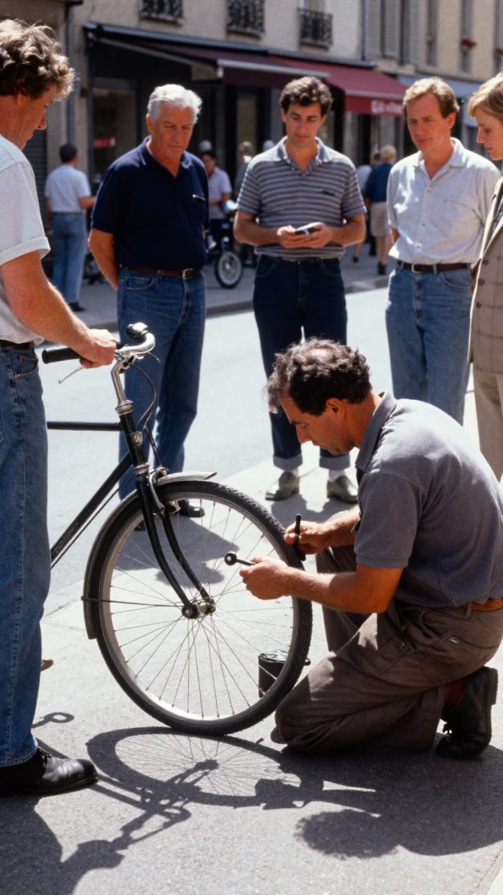 Candid Street Scene in Nice France with Bicycle Mechanic and Local Interaction in in Nice, France