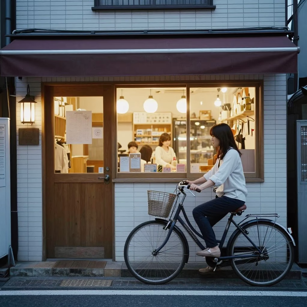 Candid street scene in Osaka Japan at dusk with bicycle and bakery in in Osaka, Japan