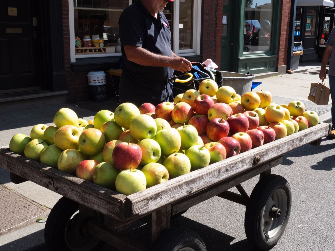 Candid Street Scene in Philadelphia Pennsylvania Featuring Apples and Local Market Activity in in Philadelphia, Pennsylvania, United States