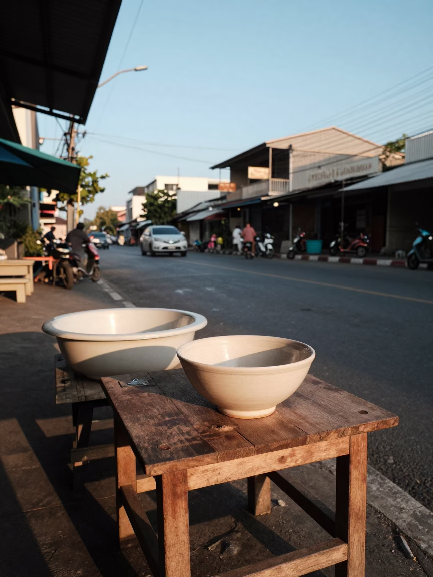 Candid street scene in Phuket Thailand late afternoon with ceramic bowl and wash basin in in Phuket, Thailand