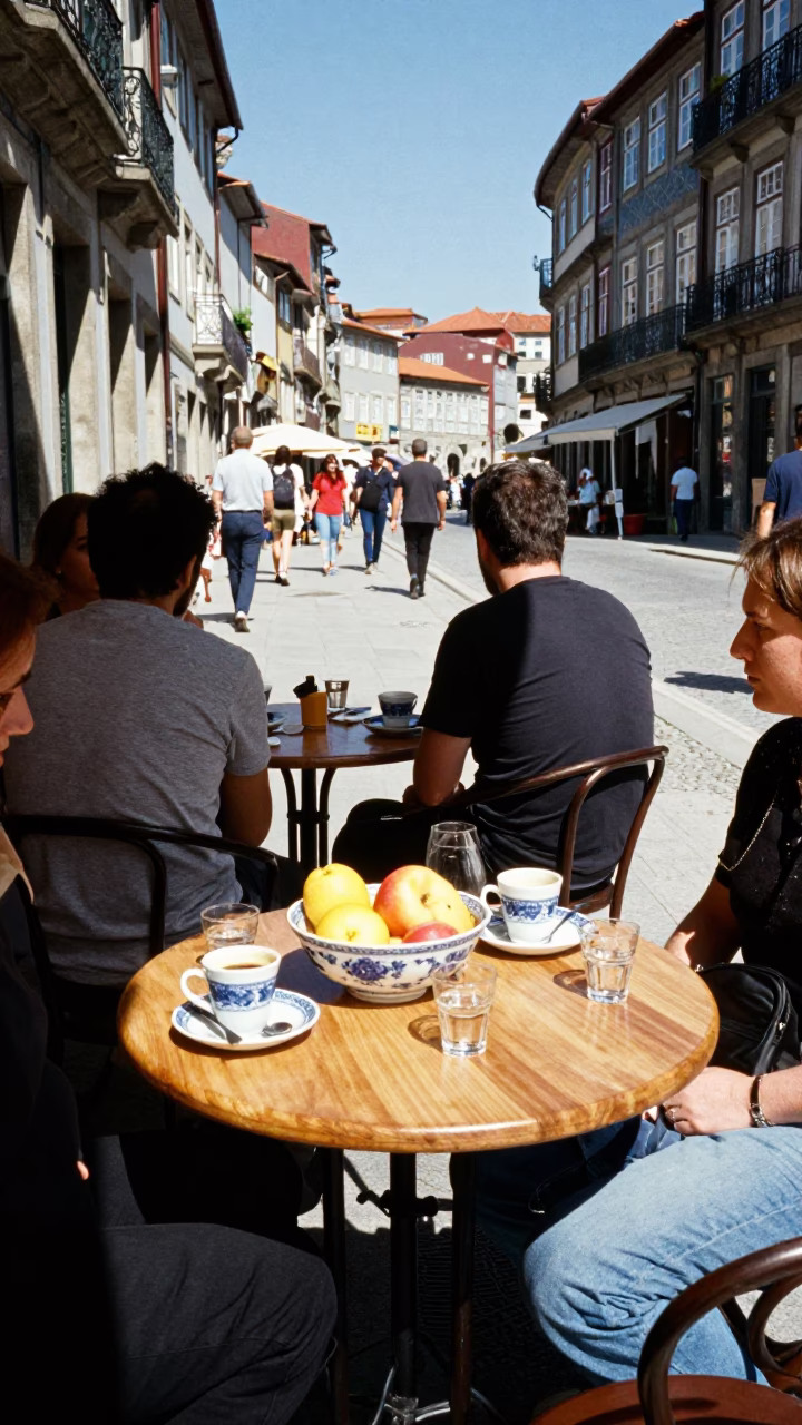 Candid Street Scene in Porto Portugal with Blue and White Porcelain Bowl on Table in in Porto, Portugal