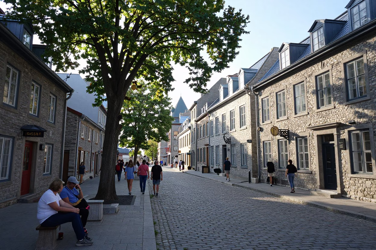 Candid Street Scene in Quebec City Late Morning with Tourists and Historic Architecture in in Quebec City, Quebec, Canada