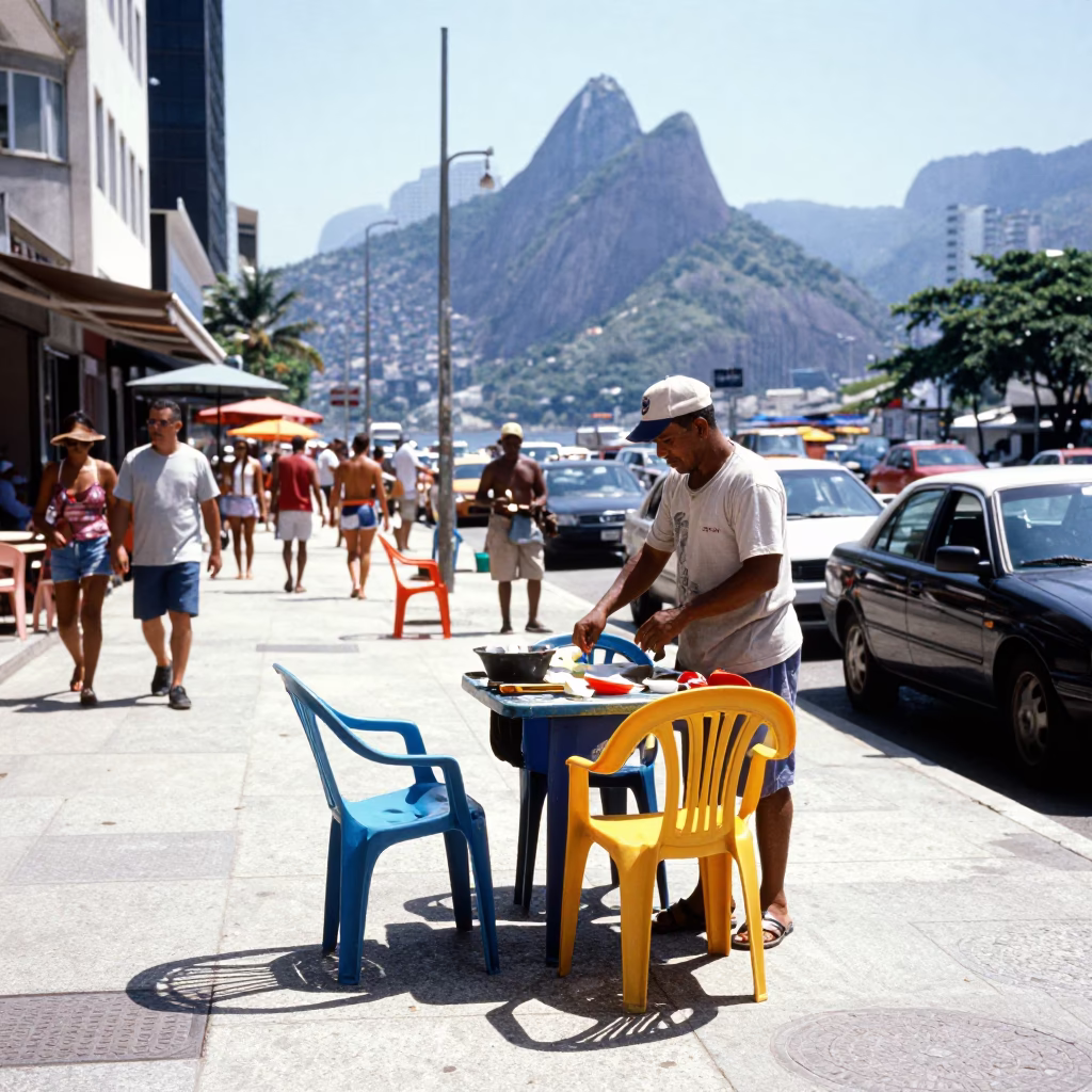 Candid Street Scene in Rio de Janeiro Brazil Under Noon Sun With Local Vendor in in Rio de Janeiro, Brazil