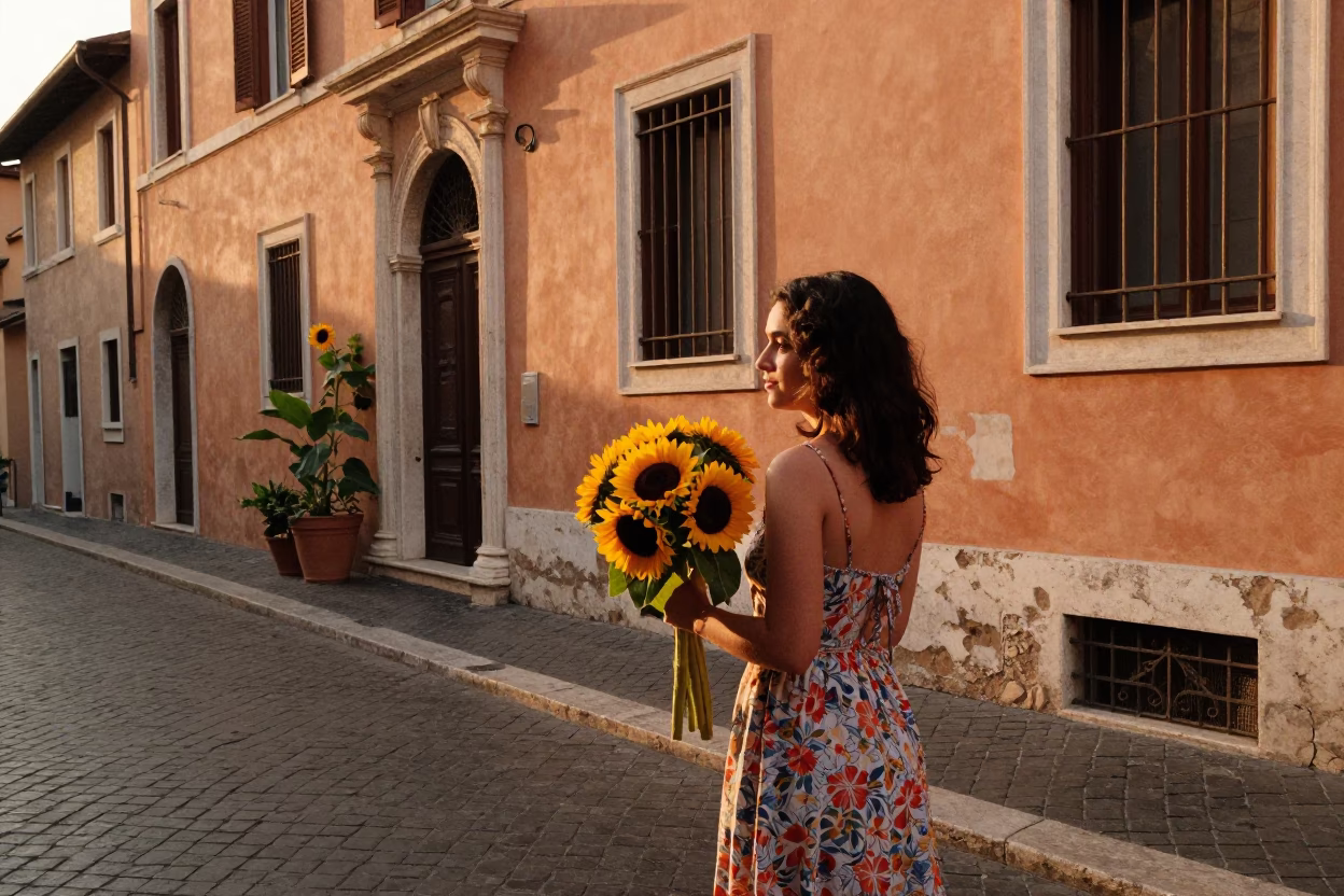 Candid Street Scene in Rome Italy with Sunflowers and Traditional Architecture in Evening Light in in Rome, Italy