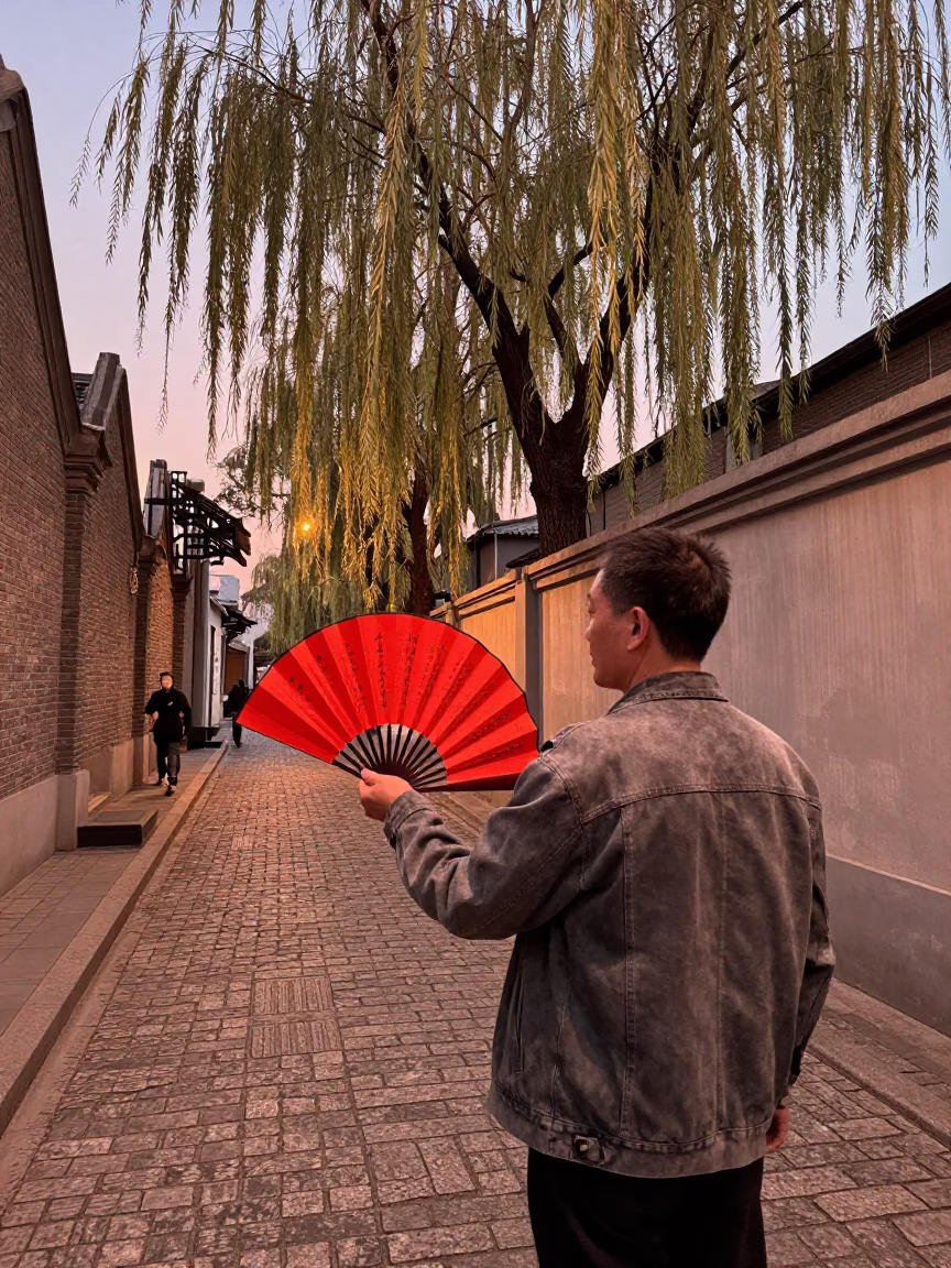 Candid Street Scene in Shanghai China Before Dusk with Weeping Willow and Paper Fan in in Shanghai, China