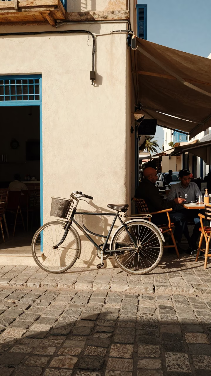 Candid Street Scene in Tunis Tunisia Early Afternoon Bicycle Cafe and Spice Market Details in in Tunis, Tunisia