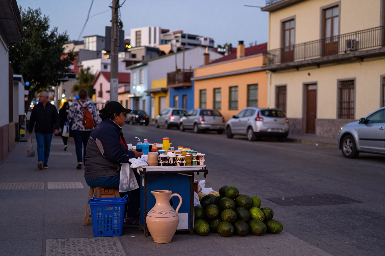 Candid street scene in Valparaiso Chile early evening with ceramic pitcher and avocados in in Valparaiso, Chile