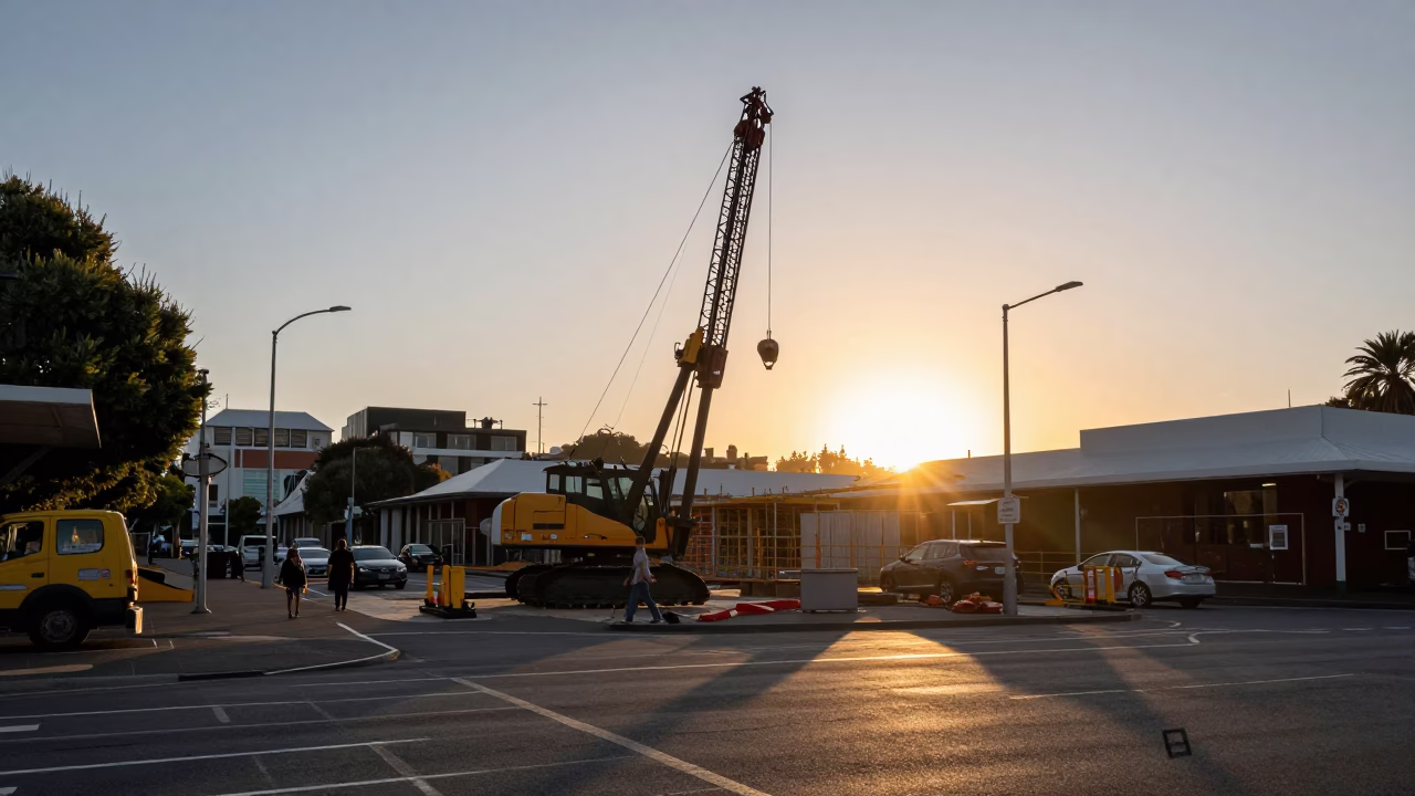 Candid Street Scene in Wellington New Zealand at Sunset with Construction Activity in in Wellington, New Zealand