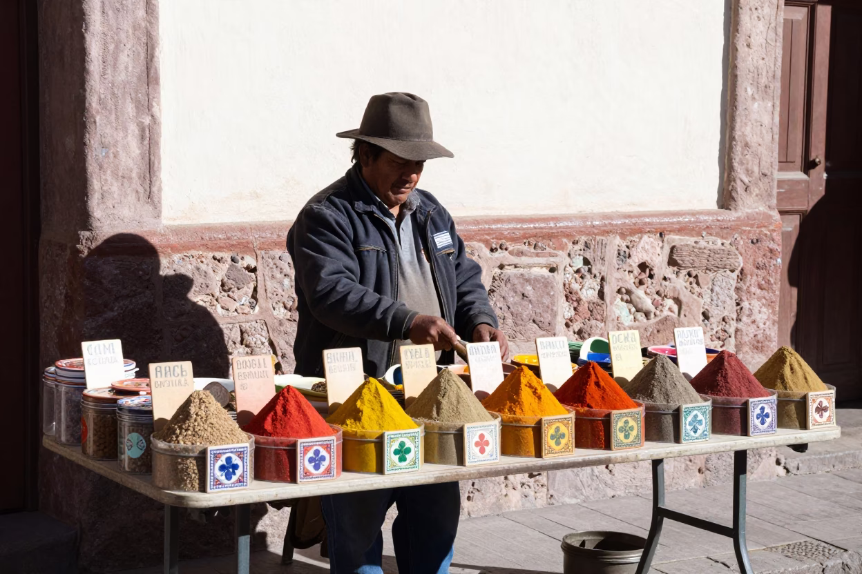 Candid Street Vendor Selling Spices in La Paz Bolivia Afternoon in in La Paz, Bolivia
