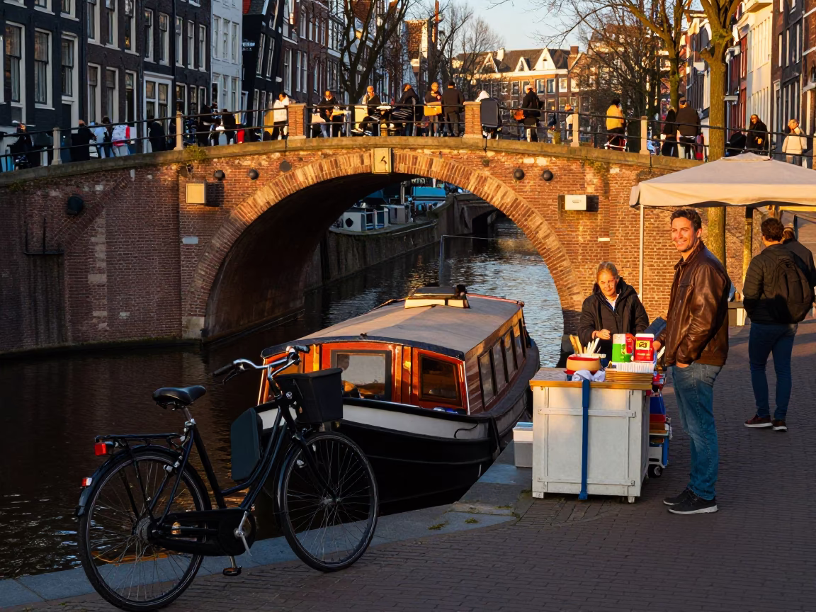 Candid Sunset Street Scene in Amsterdam with Narrowboat and Brick Canal Tunnel in in Amsterdam, Netherlands