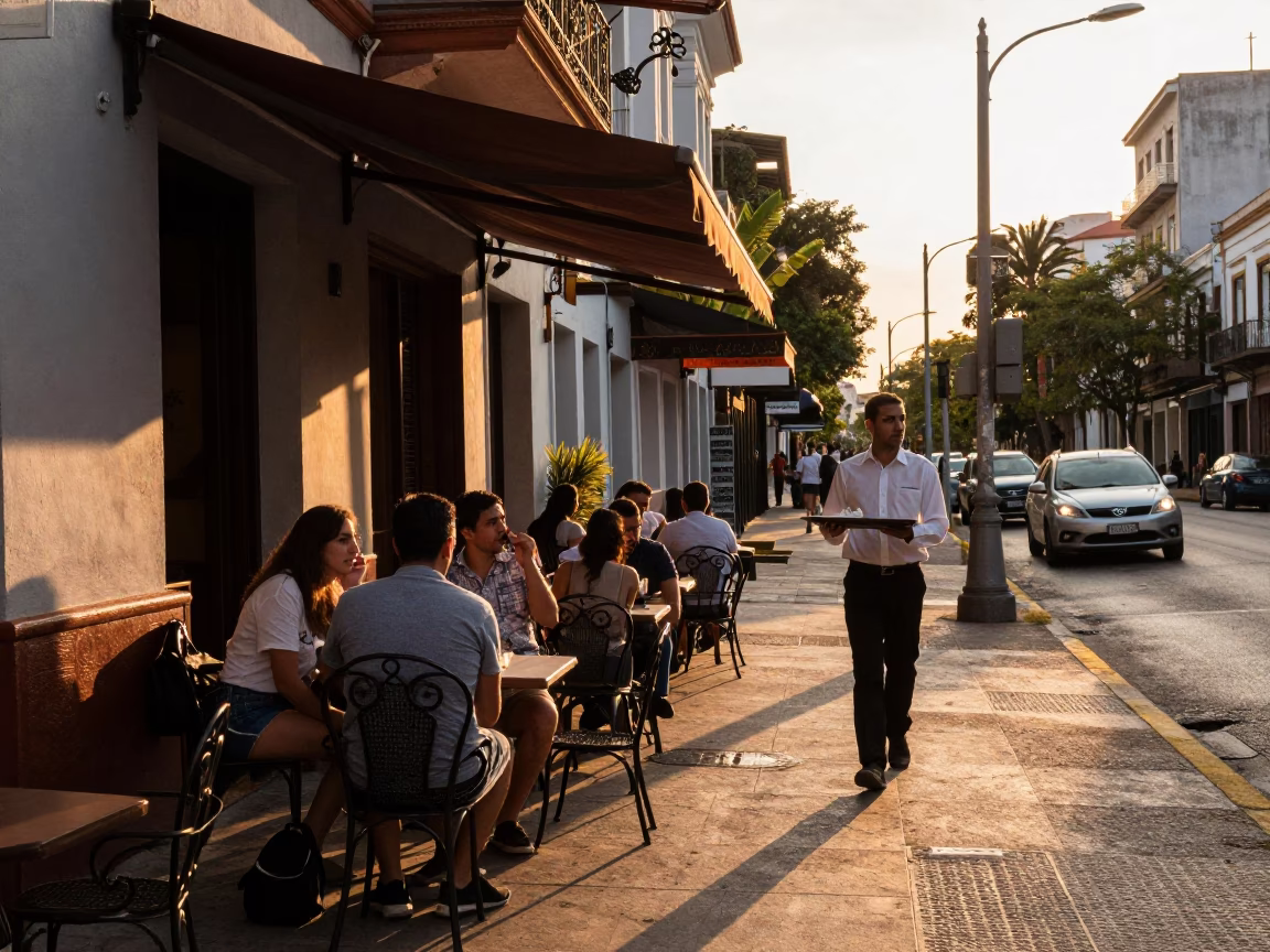 Candid Sunset Street Scene in Buenos Aires Argentina with Local Café Details in in Buenos Aires, Argentina
