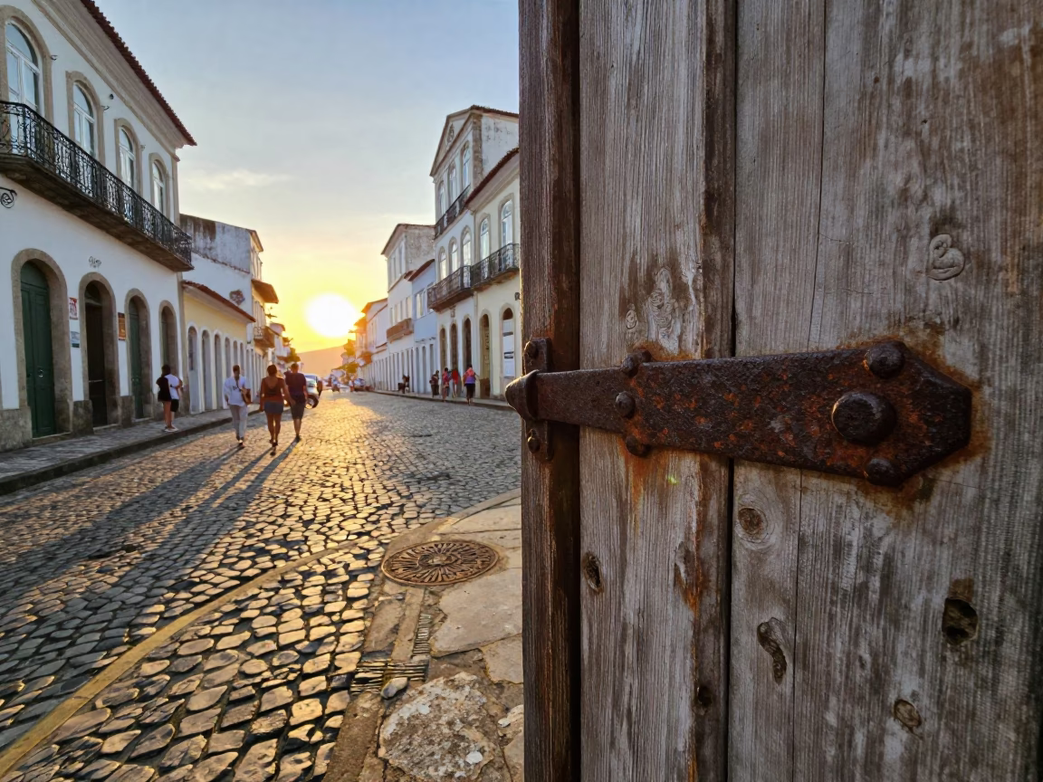 Candid Sunset Street Scene in Salvador Brazil with Iron Hardware and Local Life in in Salvador, Brazil