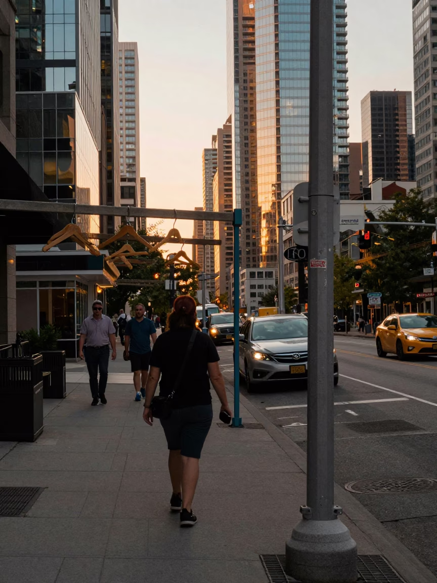 Candid Toronto Street Scene at Sunset with Wooden Hanger and Urban Details in in Toronto, Ontario, Canada