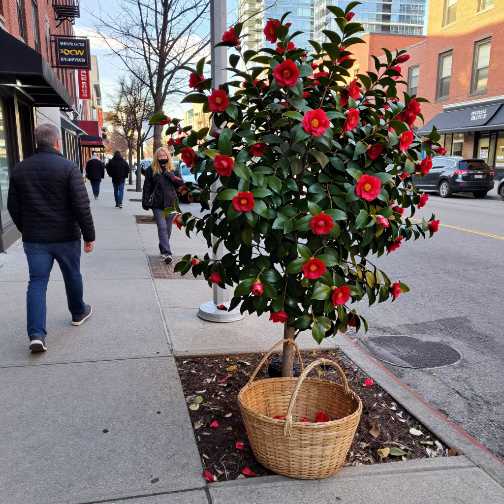 Candid Toronto Street Scene with Camellia Shrub and Basket in Early Afternoon in in Toronto, Ontario, Canada