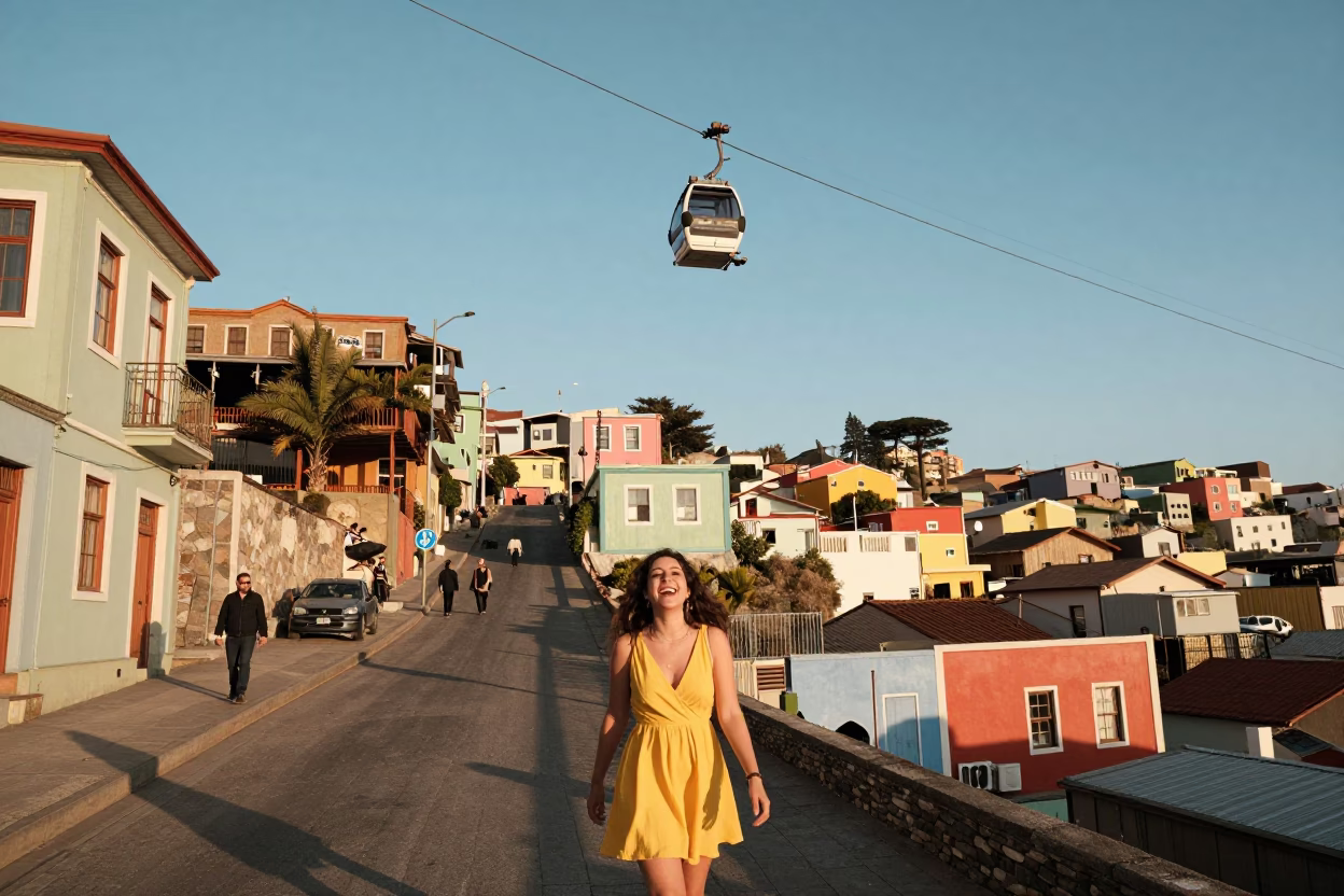 Candid Valparaiso Street Scene with Aerial Tramway and Colorful Architecture in in Valparaiso, Chile