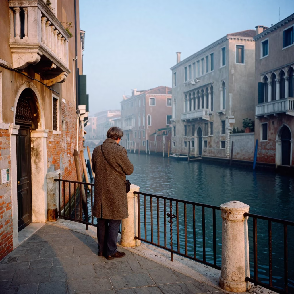 Candid Venice Dawn Street Scene with Local Resident and Vintage Objects in in Venice, Italy