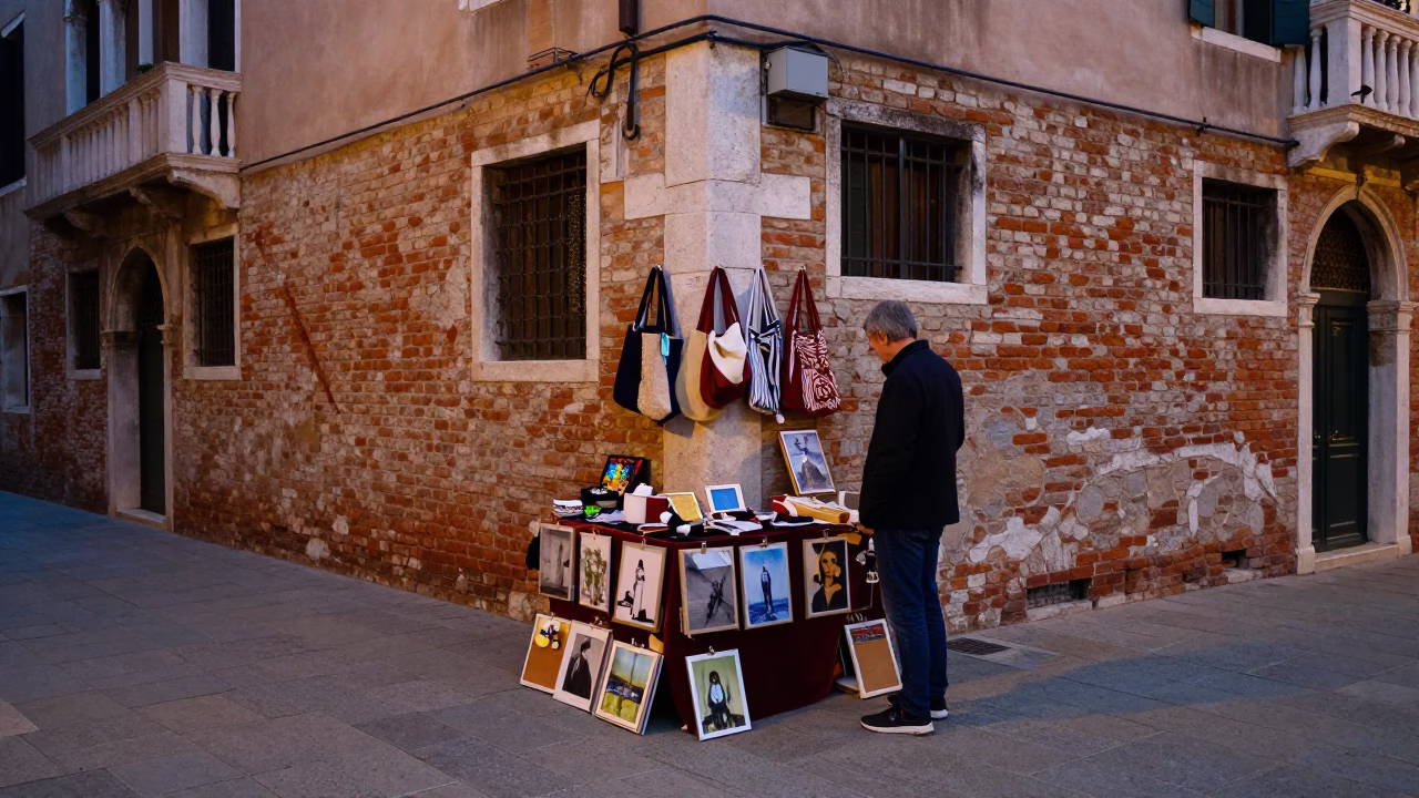 Candid Venice Evening Street Scene with Local Artisan and Traditional Sweets in in Venice, Italy