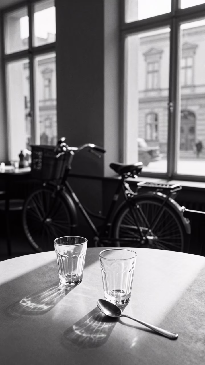 Candid Vienna Cafe Scene with Bicycle and Glass Tumblers in Late Morning in in Vienna, Austria