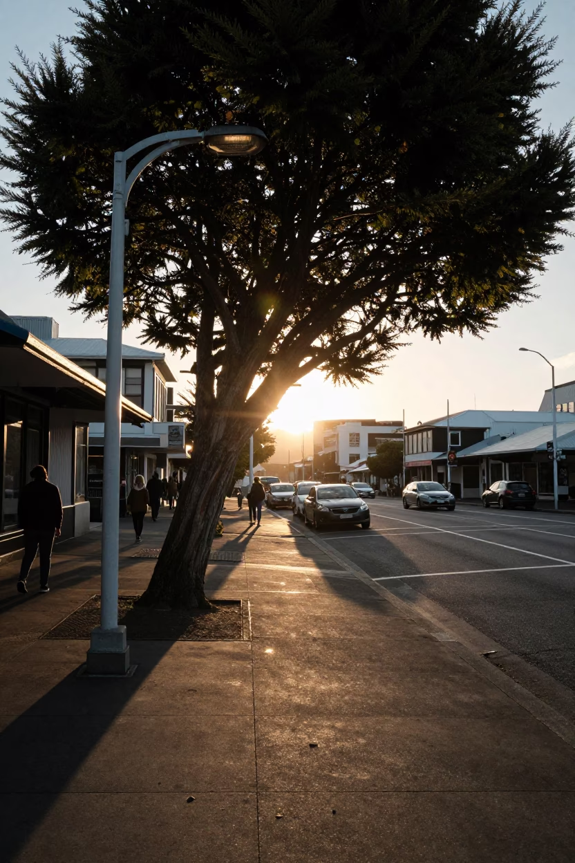 Candid Wellington Street Scene with Tree and Lampshade During Sunset in in Wellington, New Zealand