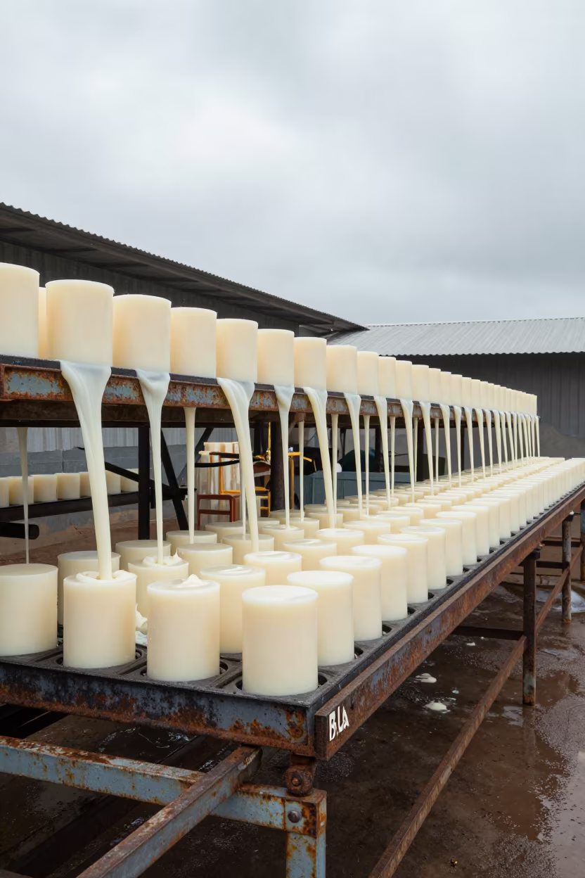 Candle Factory Wax Pouring in Garoua Wet Season in on a scaffold platform near Garoua