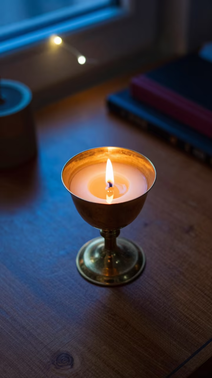 Candle Flame Reflected in Brass Chalice in on a writing desk near Jeddah