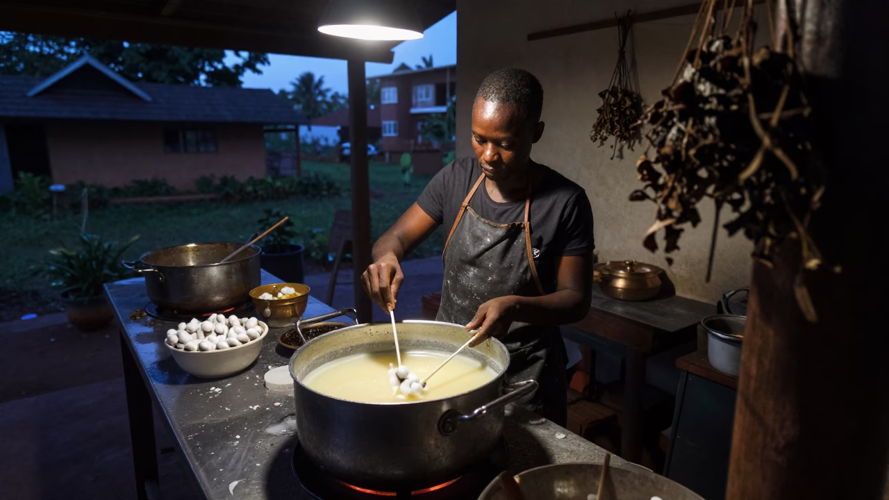 Candle Maker Dipping Wicks in Gagnoa Kitchen in in a kitchen in Gagnoa