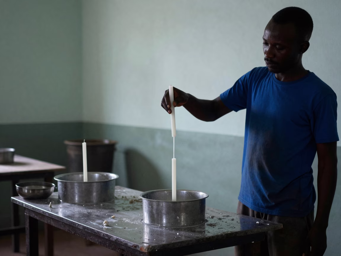 Candle Maker Dipping Wicks in Molten Wax in in a rehearsal room in Kisangani