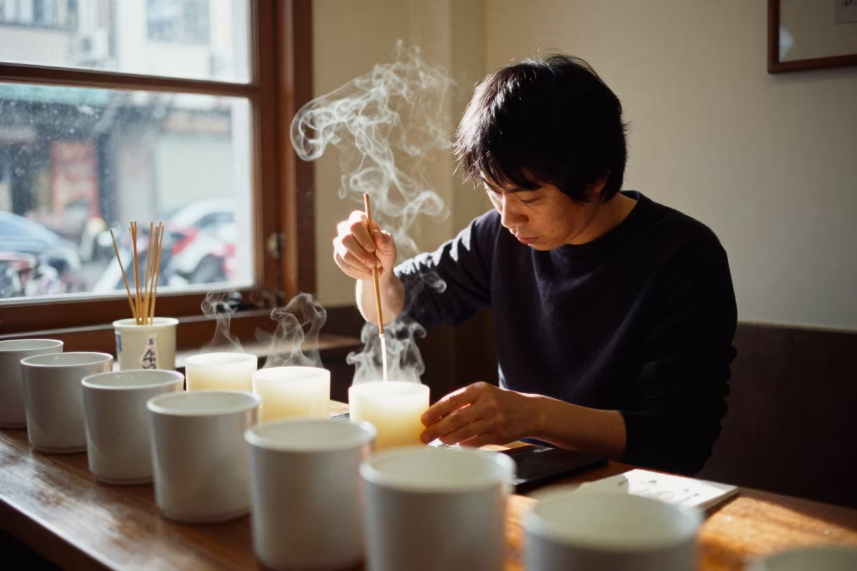 Candle Maker Dipping Wicks in Shenzhen Cafe in in a cafe in Shenzhen