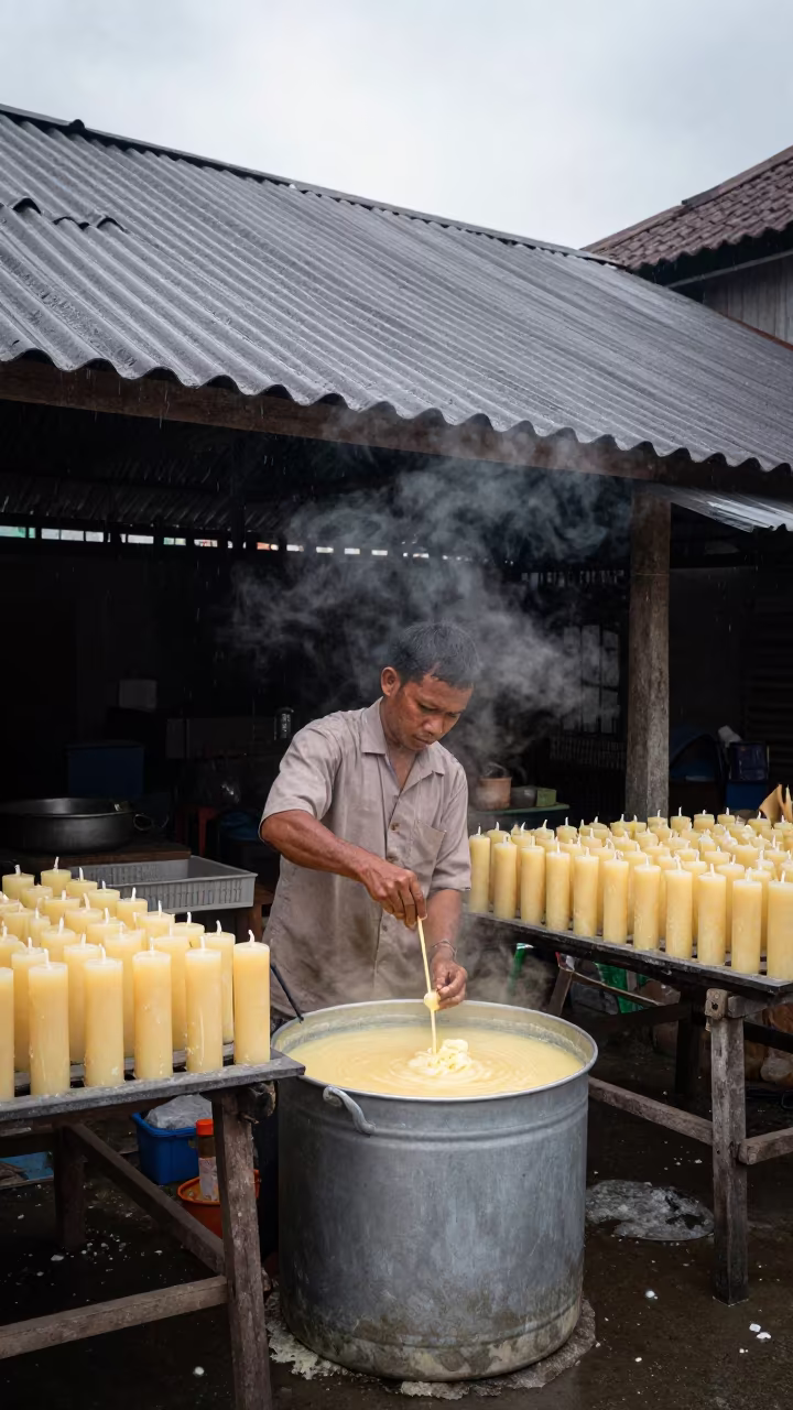 Candle Maker Dipping Wicks in Yogyakarta Vat in in Yogyakarta