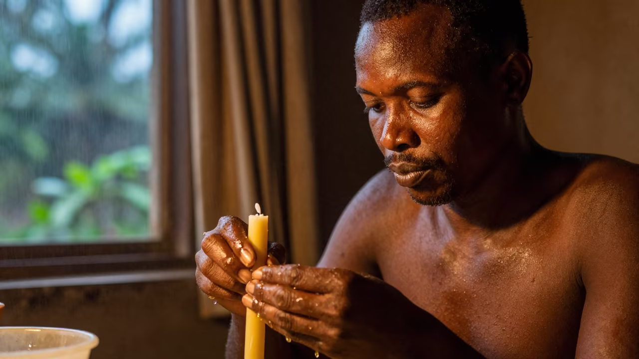 Candle Maker Portrait in Sumbe Copper Light in beside a curtain-diffused window in Sumbe