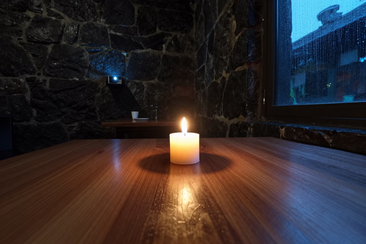 Candle on Table in Jalgaon Stone Cafe in on a cafe table by a window in Jalgaon