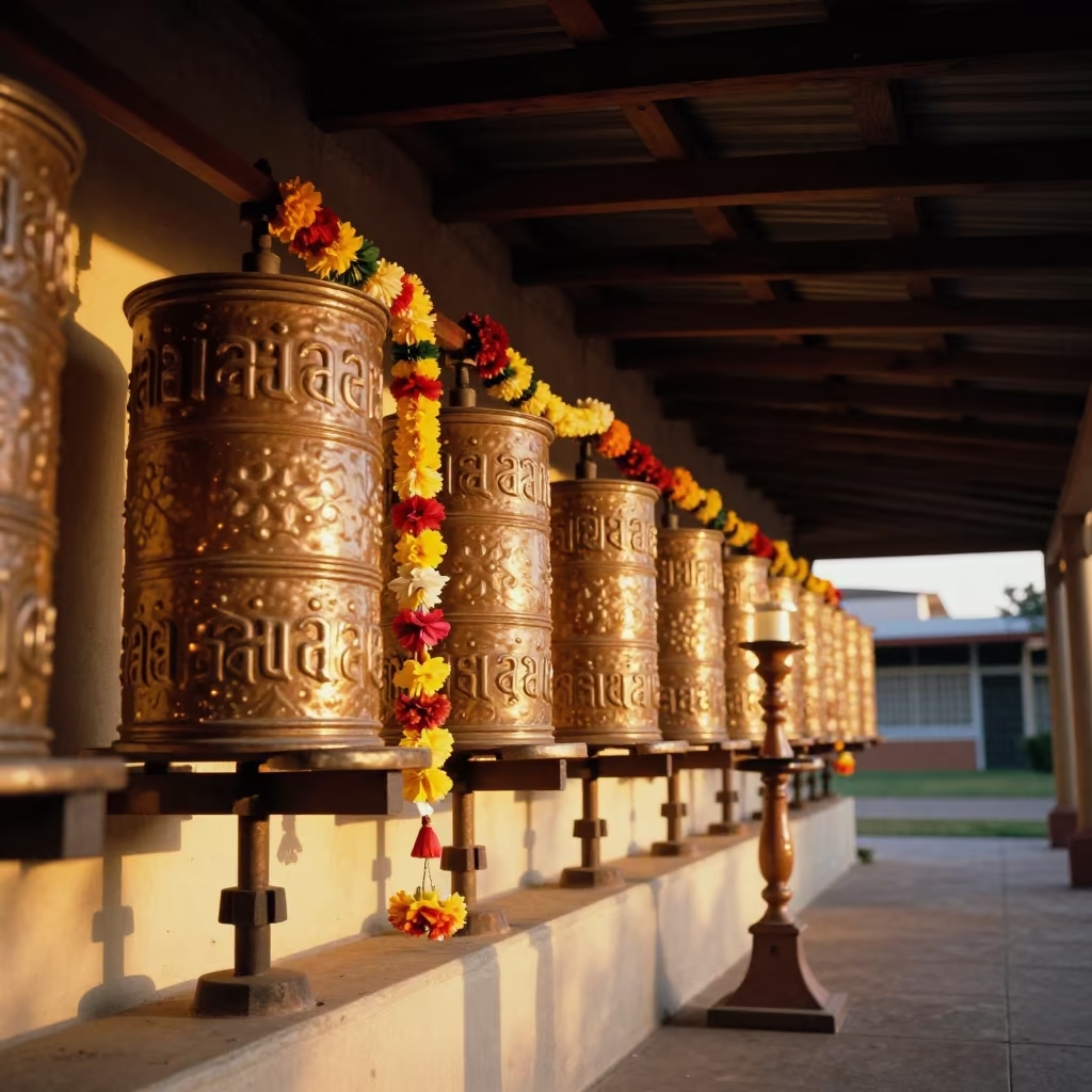 Candle Stand Flower Garlands Prayer Wheel Corridor in beside a prayer wheel corridor in Soweto