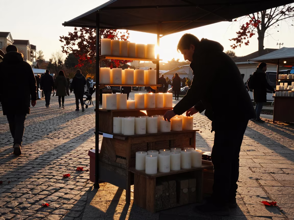 Candle Vendor Silhouette at Hama Autumn Market in at a market stall in Hama