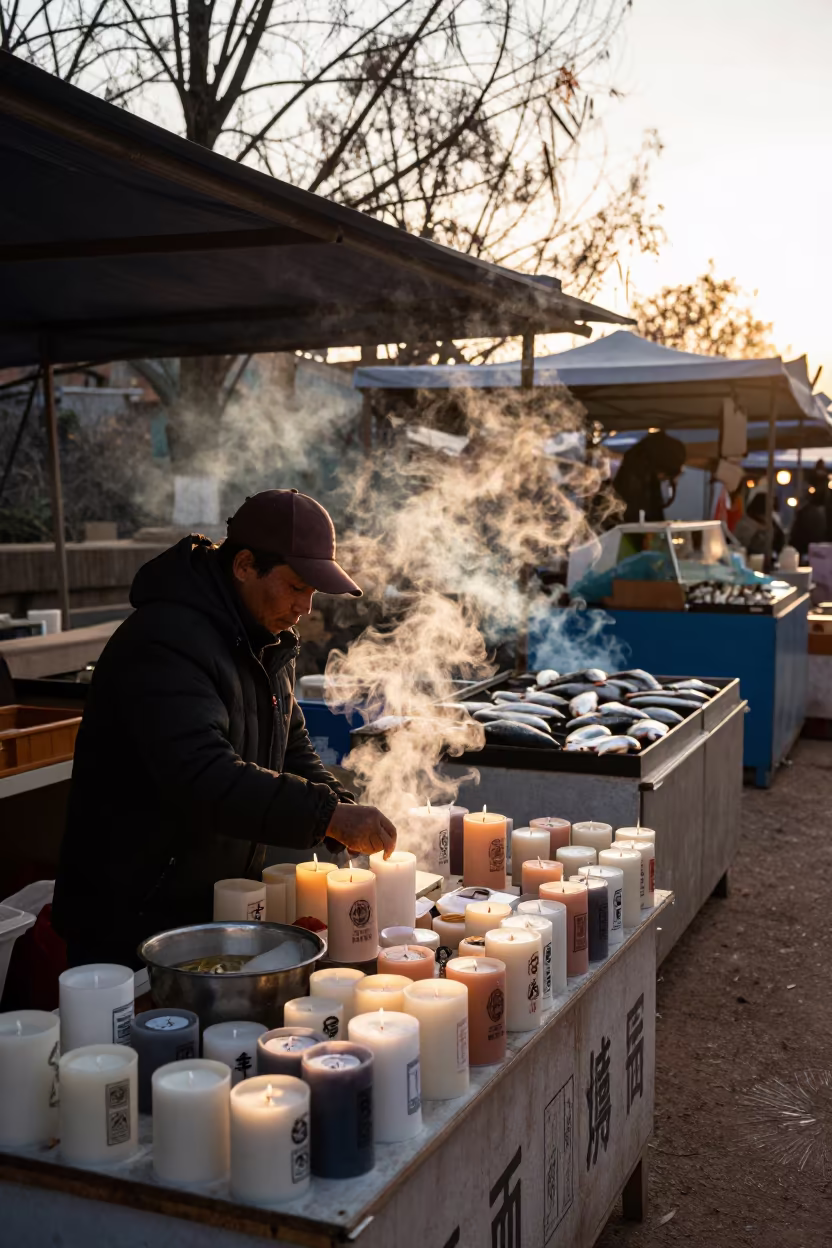 Candle Vendor Silhouette at Kunming Winter Market in beside a fish counter in Kunming