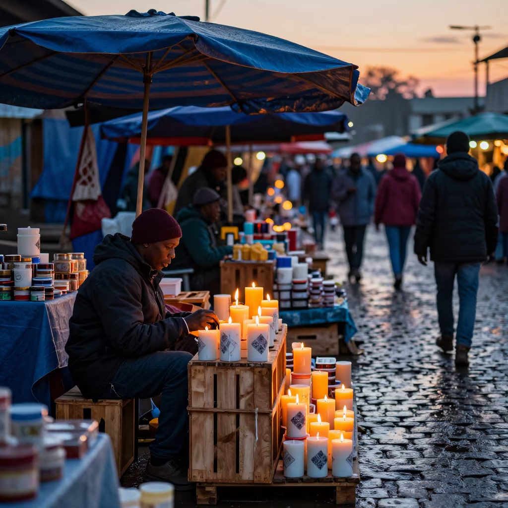 Candle Vendor at Winter Market in Morogoro in in a flea market lane in Morogoro