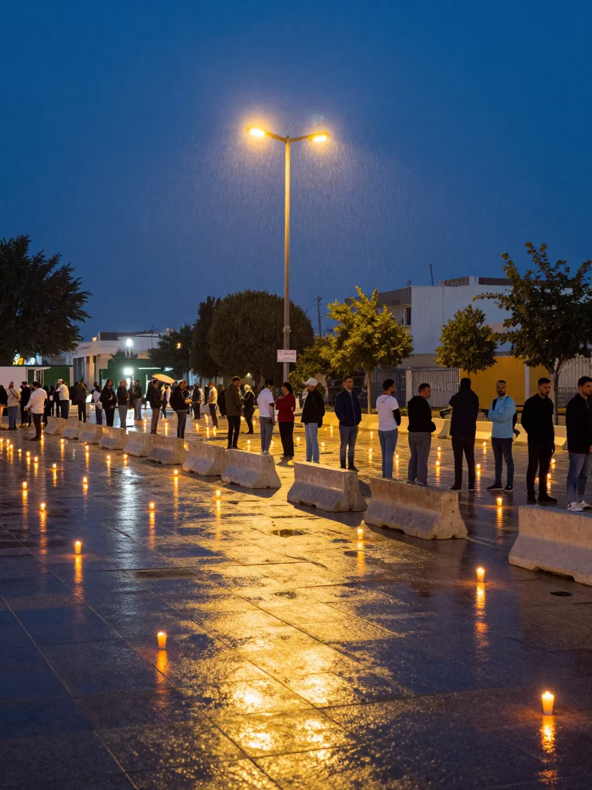 Candle Vigil in Blue Hour Ar Ramtha in along barricaded protest routes near Ar Ramtha