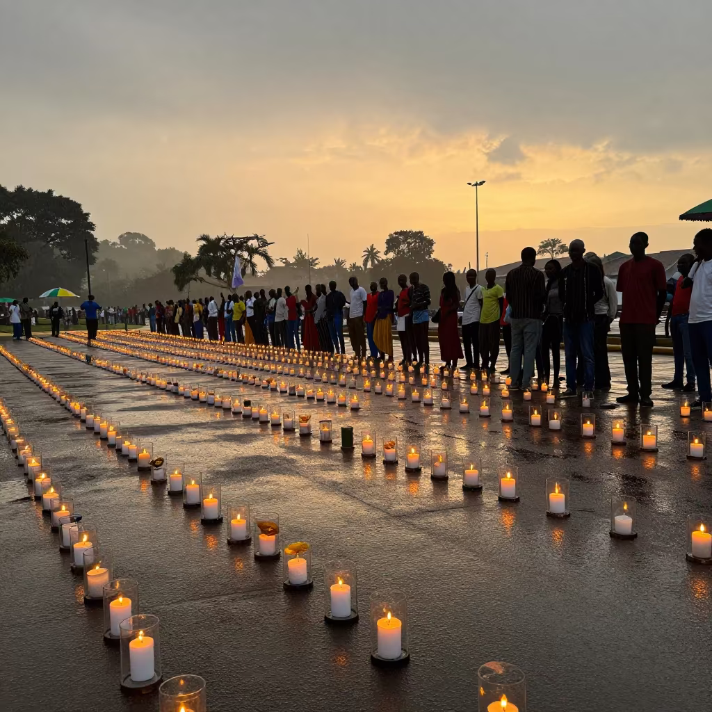 Candle Vigil in Brazzaville Square Monsoon Fog in in a public square near Brazzaville