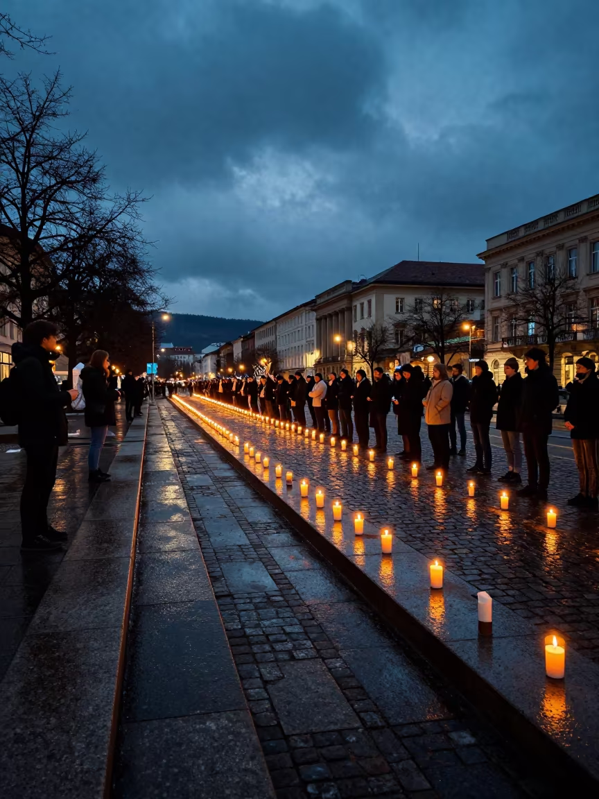 Candle Vigil Along Graz Barricades Twilight in along barricaded protest routes in Graz