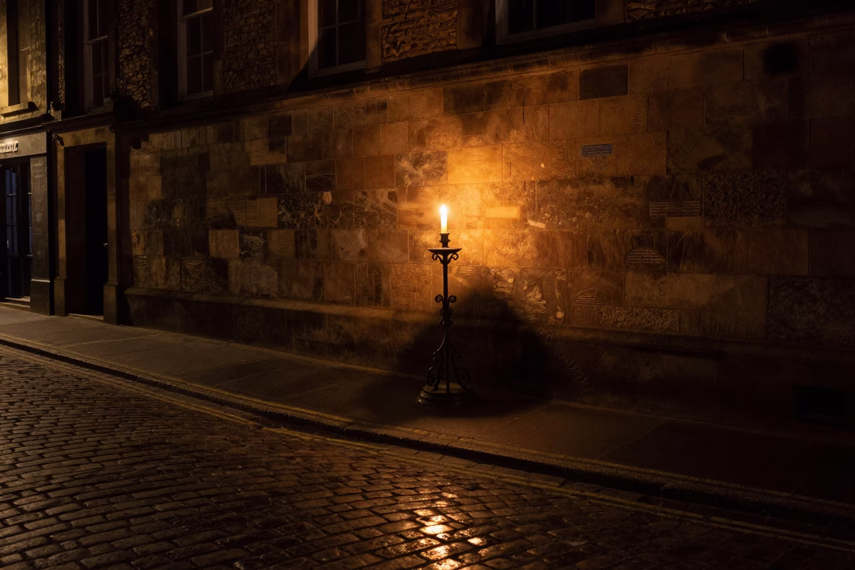 Candlelight Reflection on Old Edinburgh Cobblestones at Night with Window Glow in in Edinburgh, United Kingdom