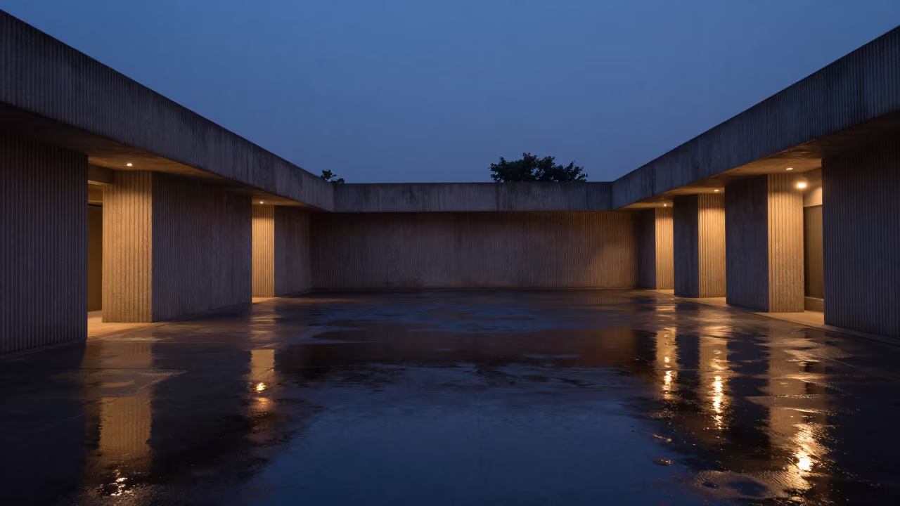 Candlelight Splits Ribbed Concrete Lobby Reflection in inside a ribbed concrete lobby near Chittagong