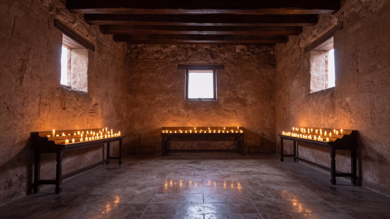 Candlelit Abbey Nave in Cusco Cliff Monastery in inside a candlelit abbey nave in Cusco