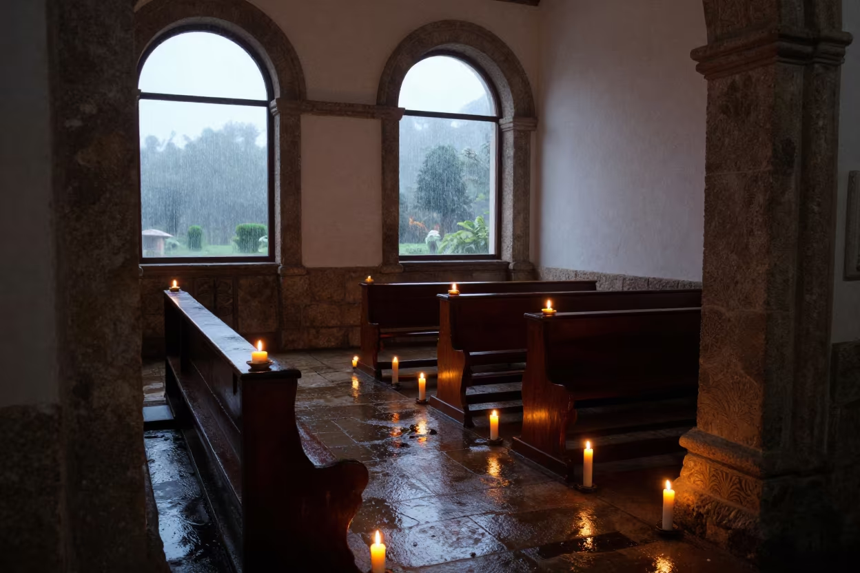 Candlelit Abbey Nave Dawn Light Cali Monsoon in inside a candlelit abbey nave in Cali